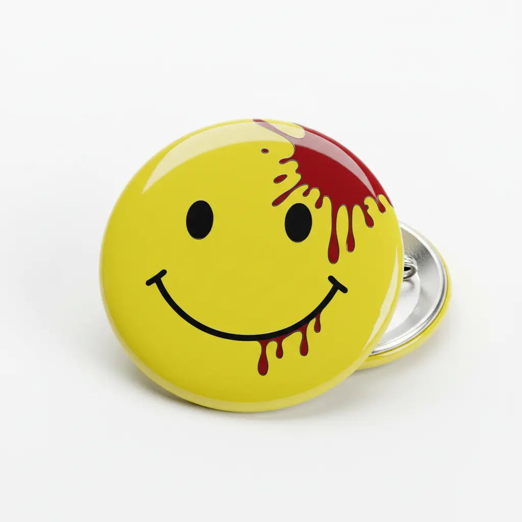 Yellow smiley face pinback button with metal clasp, 2.25-inch