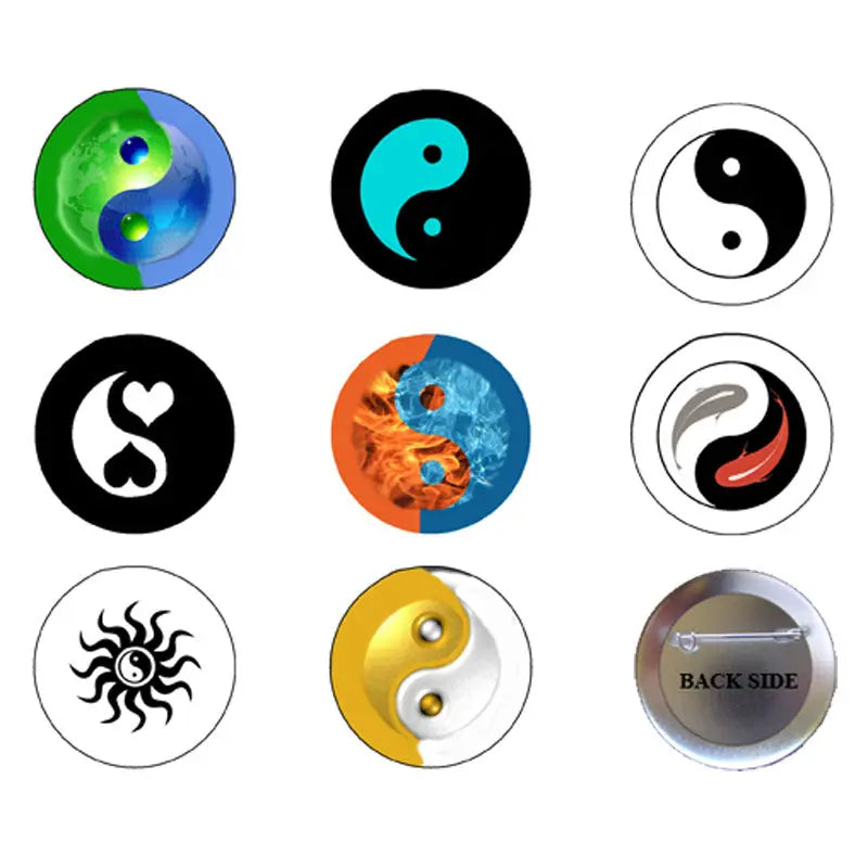 Set of 8 round yin-yang pinback buttons, colorful enamel-style designs.