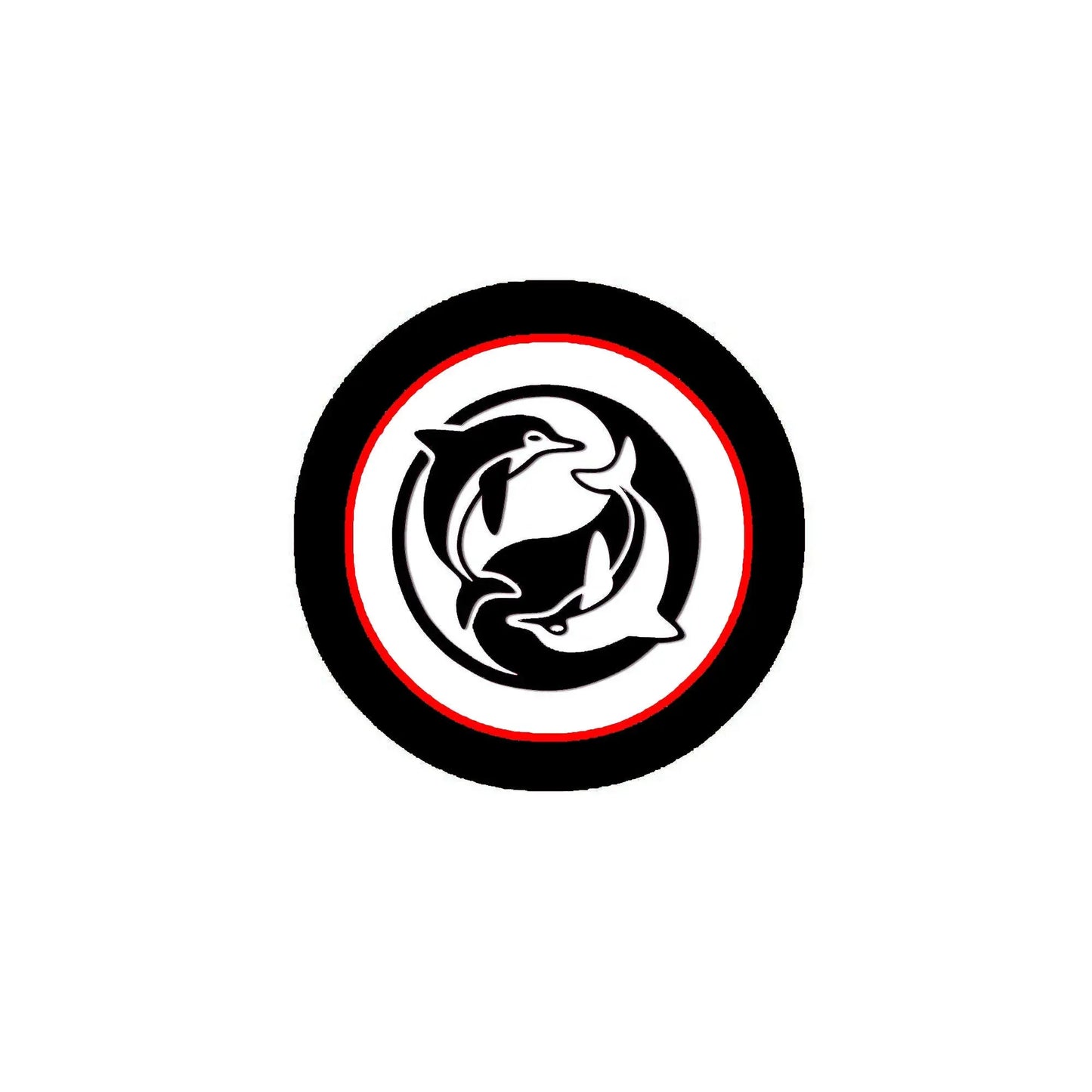 Round yin yang dolphins pinback badge with black center and red-and-white border
