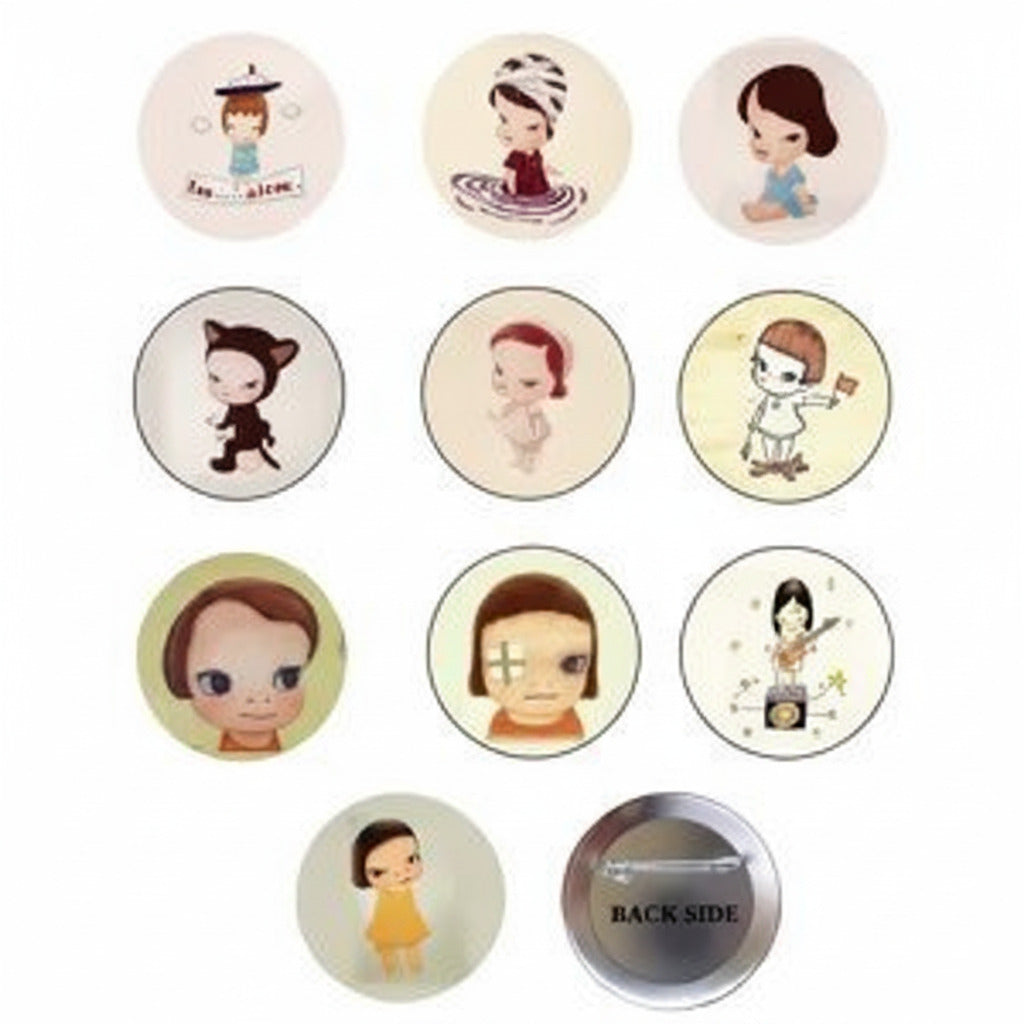 Set of 10 round character magnets with cartoon faces, including front and back sides