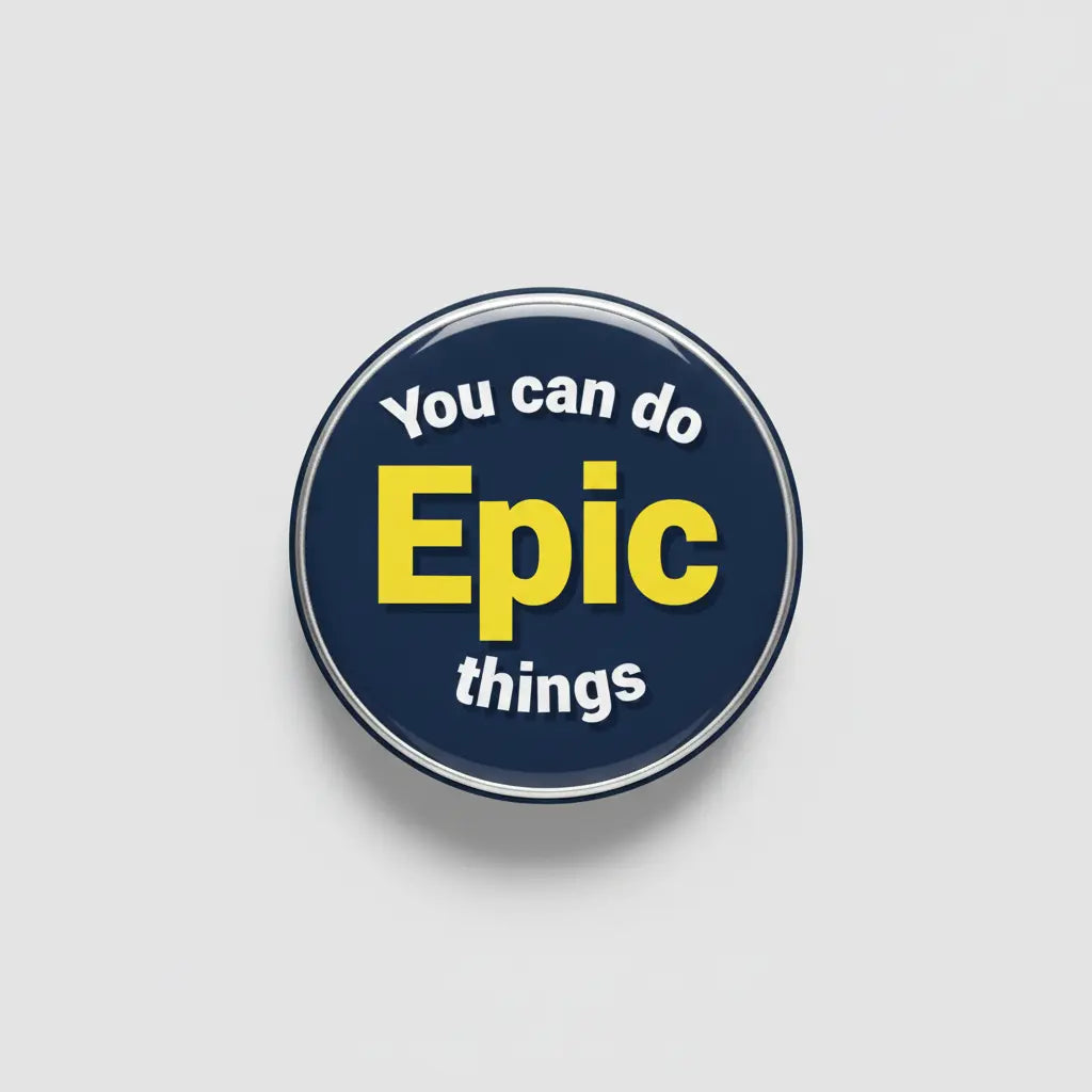Round blue pinback button with "You can do Epic things" text