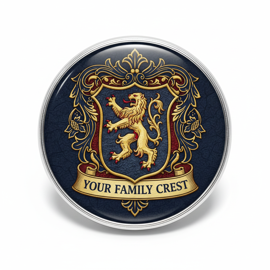 Your Family Crest 3-inch Coat of Arms Round Pin Back Button Badge (email us Your Family Last Name)