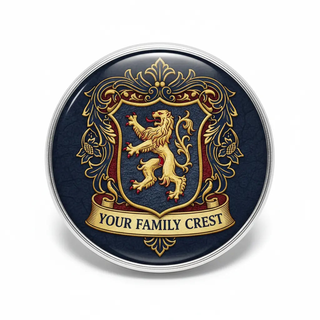 Round family crest coat of arms badge, dark blue background with gold lion emblem
