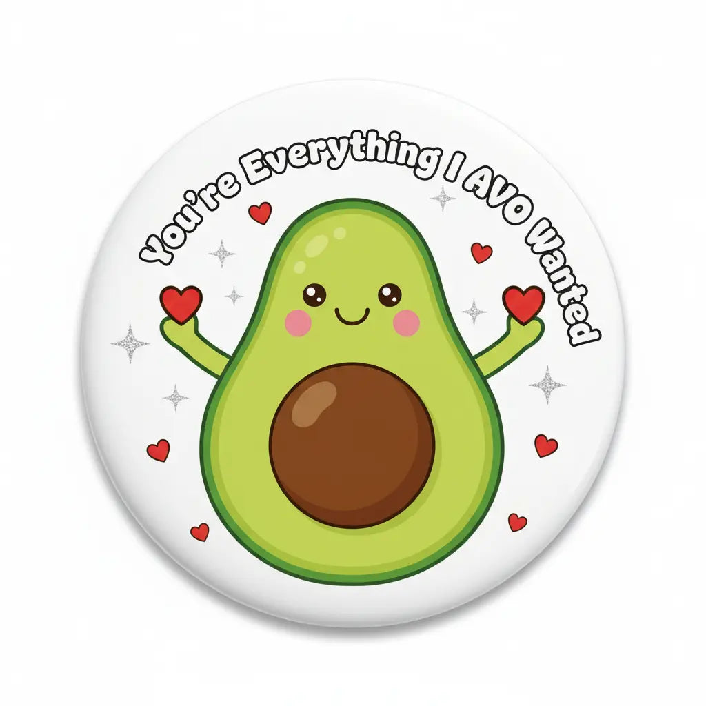 2.25-inch pinback button with smiling avocado, hearts, and ring text on white