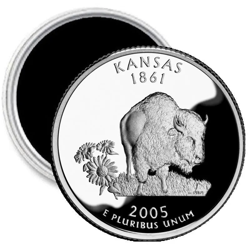 Round Kansas quarter style magnet with bison, Kansas 1861 and 2005, silver rim