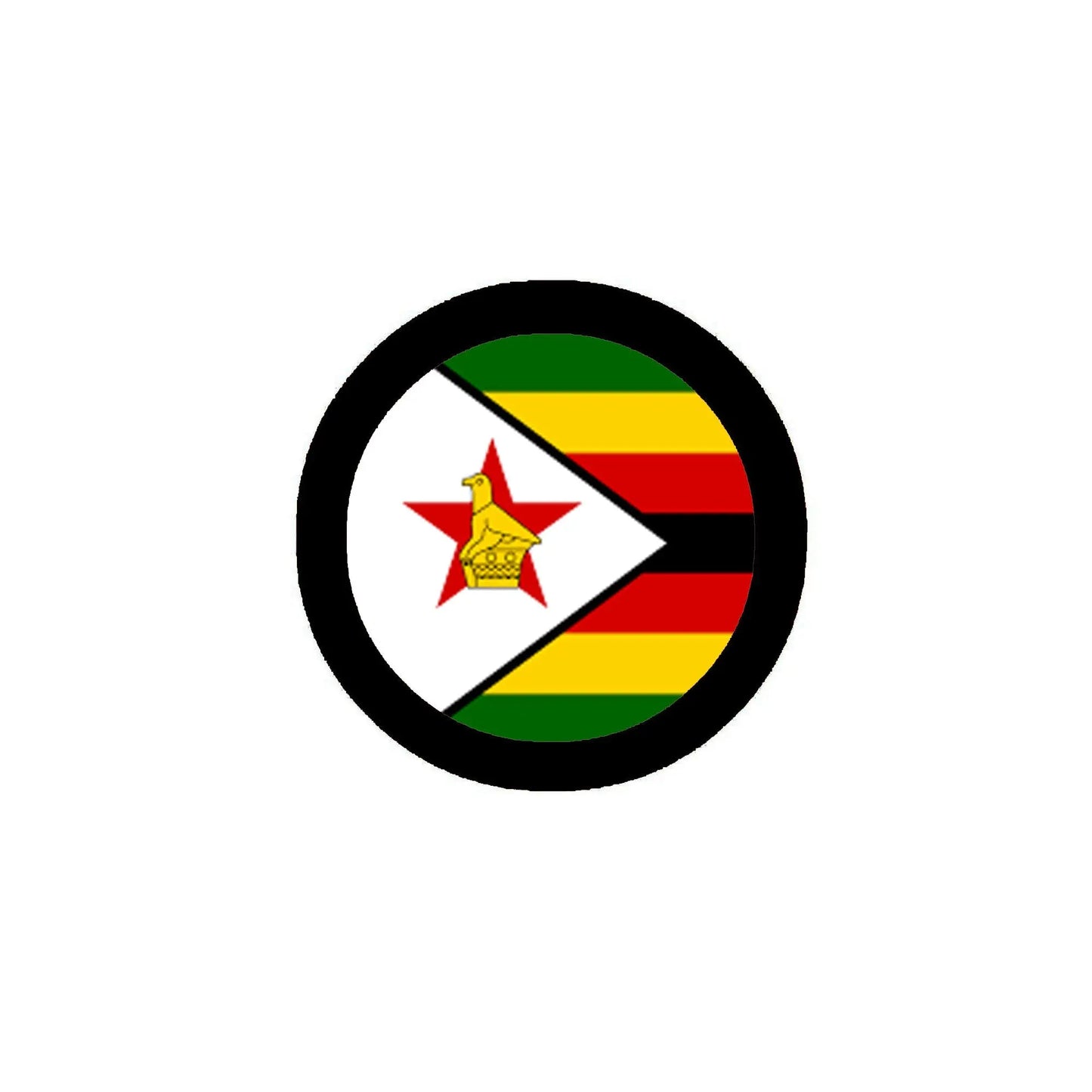 Zimbabwe flag pinback button, 2.25-inch, circular black rim with flag design
