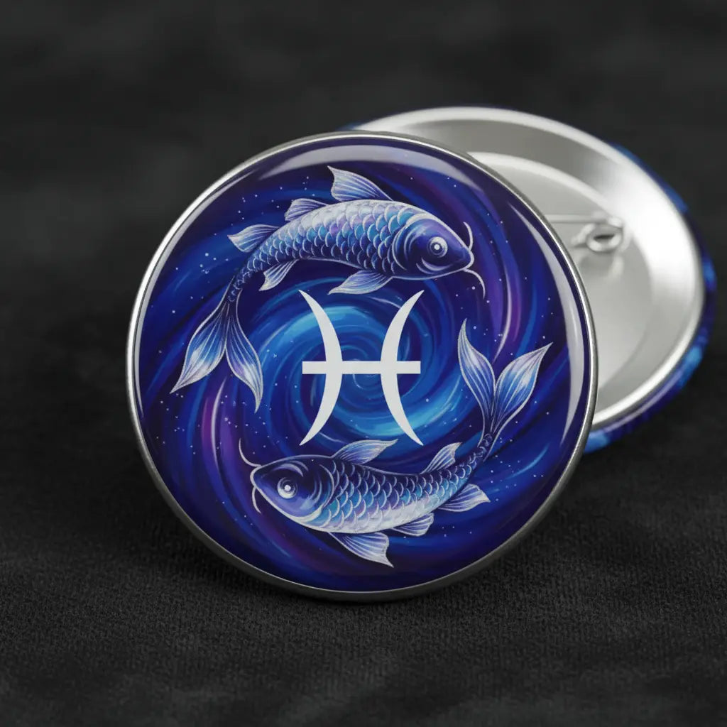 Pisces pinback button with blue fish zodiac artwork, round silver rim