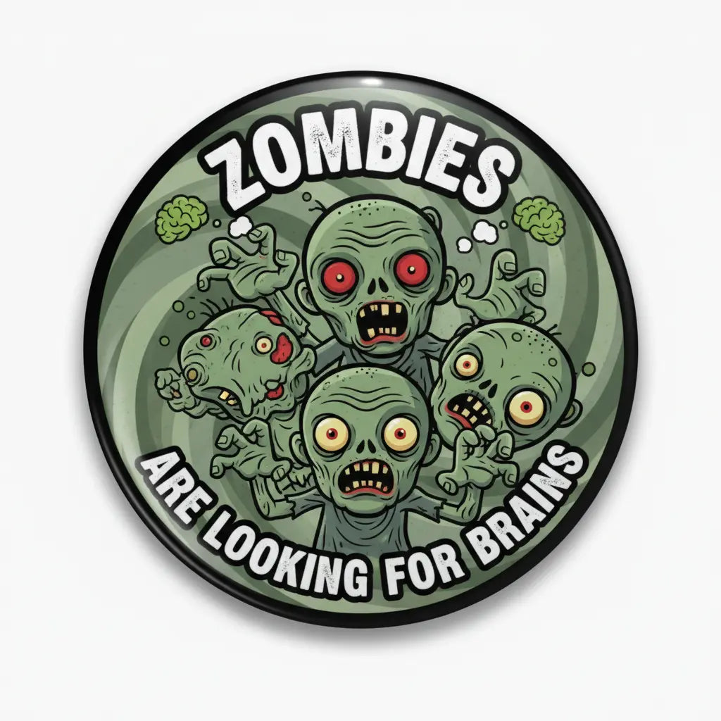 2.25-inch pinback button with cartoon zombie faces and “brains” text