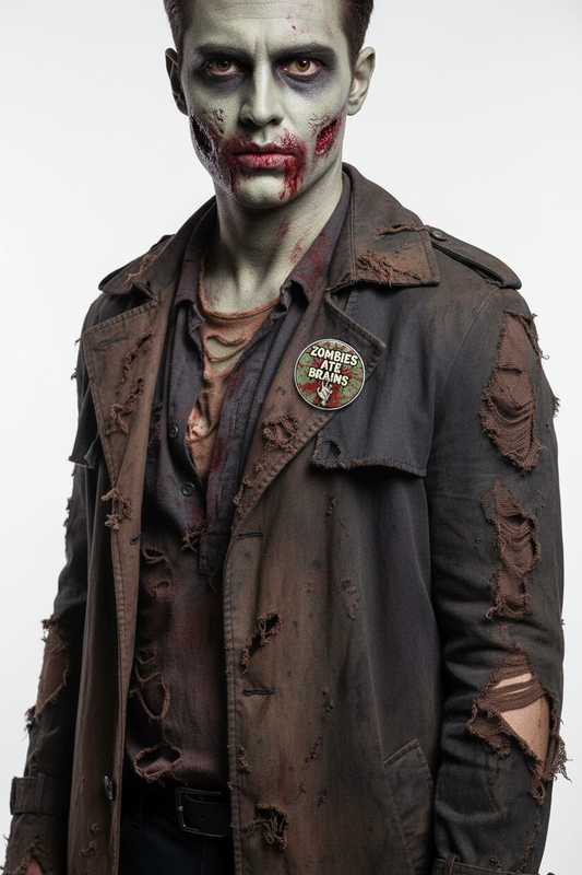 Zombie-themed 2.25-inch pinback button clipped to dark jacket, round red-green graphic visible