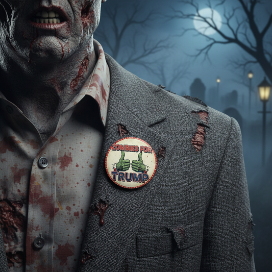 3-inch circular pin on blazer lapel with zombie thumbs and Zombies for Trump text