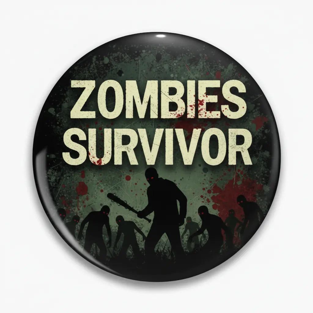 Round black Zombies Survivor pinback button with zombie silhouettes and red accents