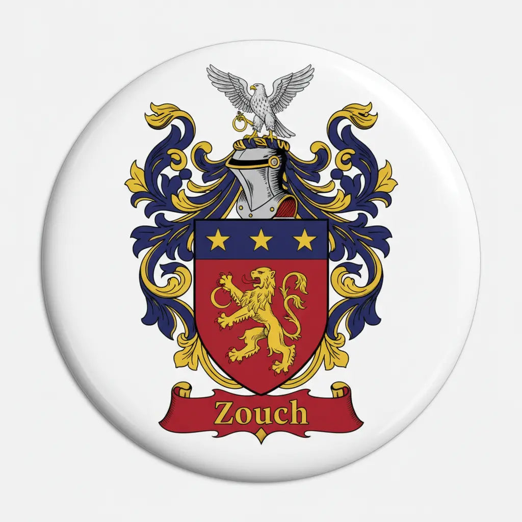 Round family crest coat of arms magnet with red shield, blue scrolls, gold details