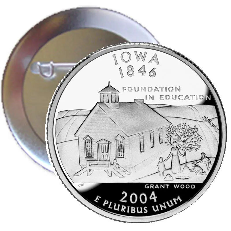 Silver round magnet coin with Iowa 1846 Foundation Education Grant Wood 2004 text