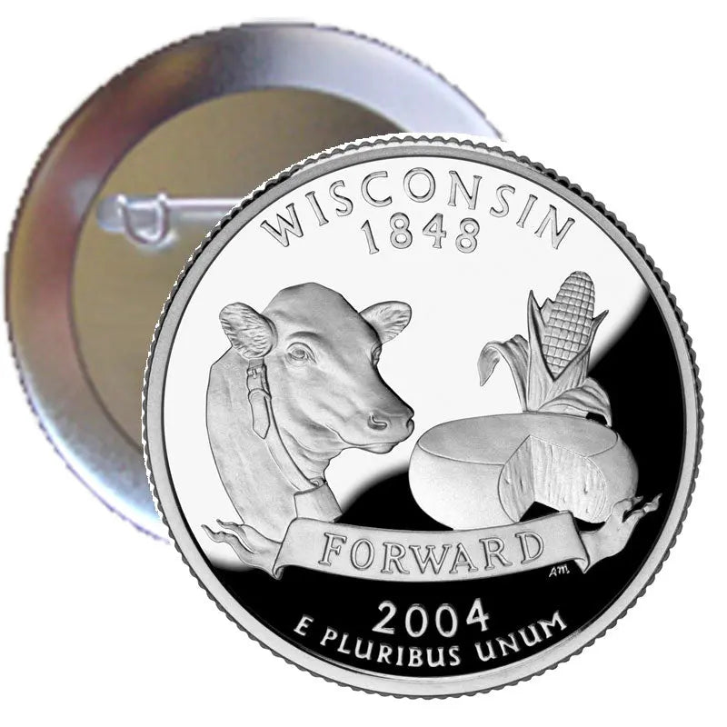 3-inch Wisconsin quarter pinback button, silver coin design with cow and corn, 1848/2004