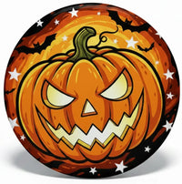 Collection of Halloween-themed buttons on a white background