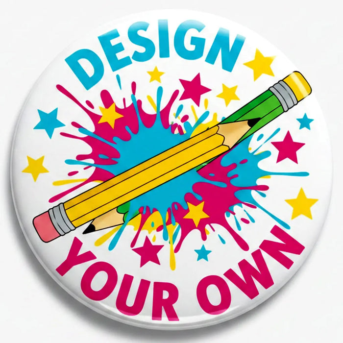 A hand is placing a purple pinback button with the text 'CREATE & INSPIRE' next to a cluster of other colorful pinback buttons on a white background. A banner at the bottom reads 'Customize Your Pinback' with 'mypinbacks.