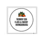 White 2.25-inch pinback button with camp counselor slogan and pine trees, tents