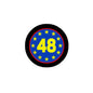 Round pinback badge with blue center, yellow stars ring, and large number 48