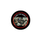 Round Feel the Bern pinback button, black with red border and band graphic