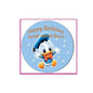 2.25-inch customized birthday pinback badge, blue with "Happy Birthday" and cartoon duck