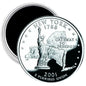 Round silver quarter-style image magnet with New York Statue of Liberty design