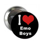 Round black Emo Boys button pin with red heart and white “I Love Emo Boys”