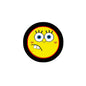 2.25-inch cartoon pinback button, round black border with yellow character face
