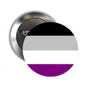 Asexual pride flag pinback button with black, gray, and purple bands