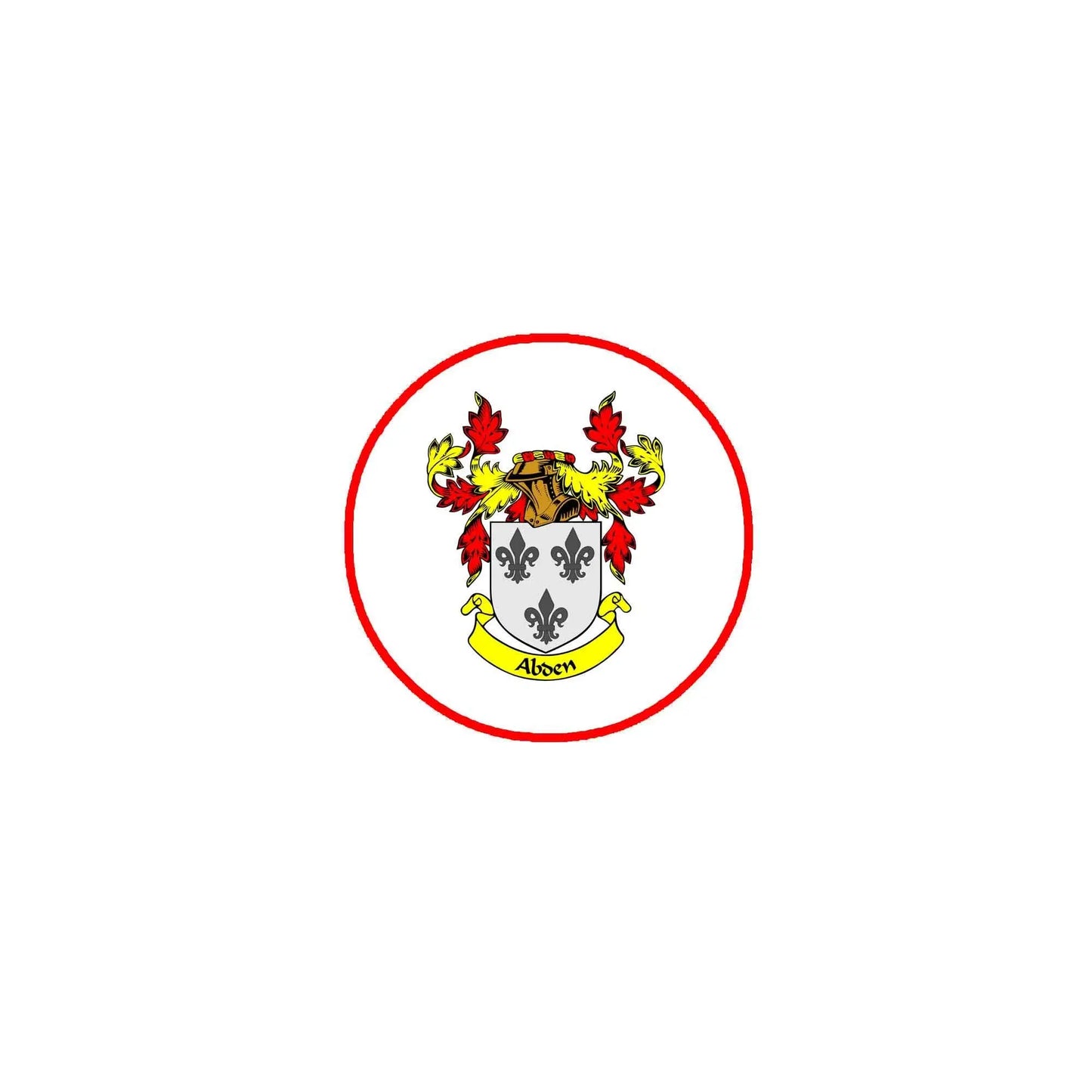 Round coat of arms enamel pinback with red border and Abden crest shield