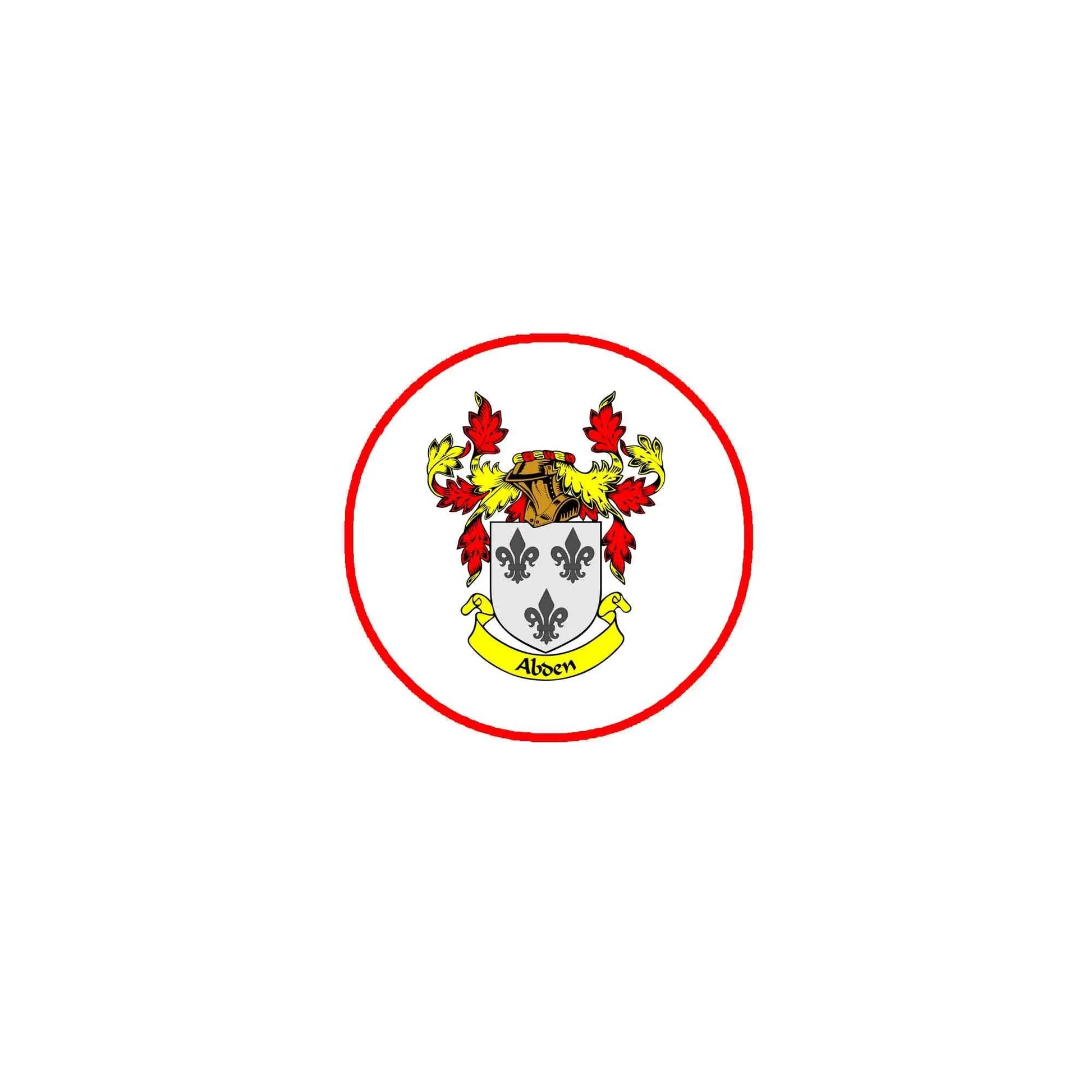 Round coat of arms enamel pinback with red border and Abden crest shield