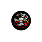 Round skull pinback badge with colorful illustrated text and stars on a black rim