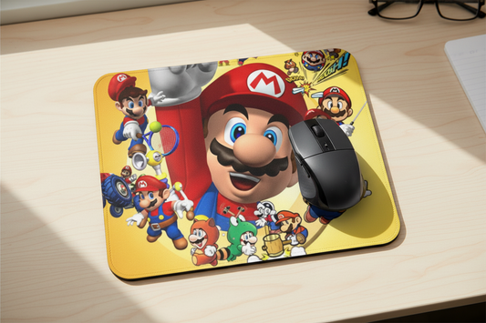 Mario mousepad with character artwork and black optical mouse on top