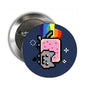 Round pinback button with pixel cat illustration and colorful neon hat design