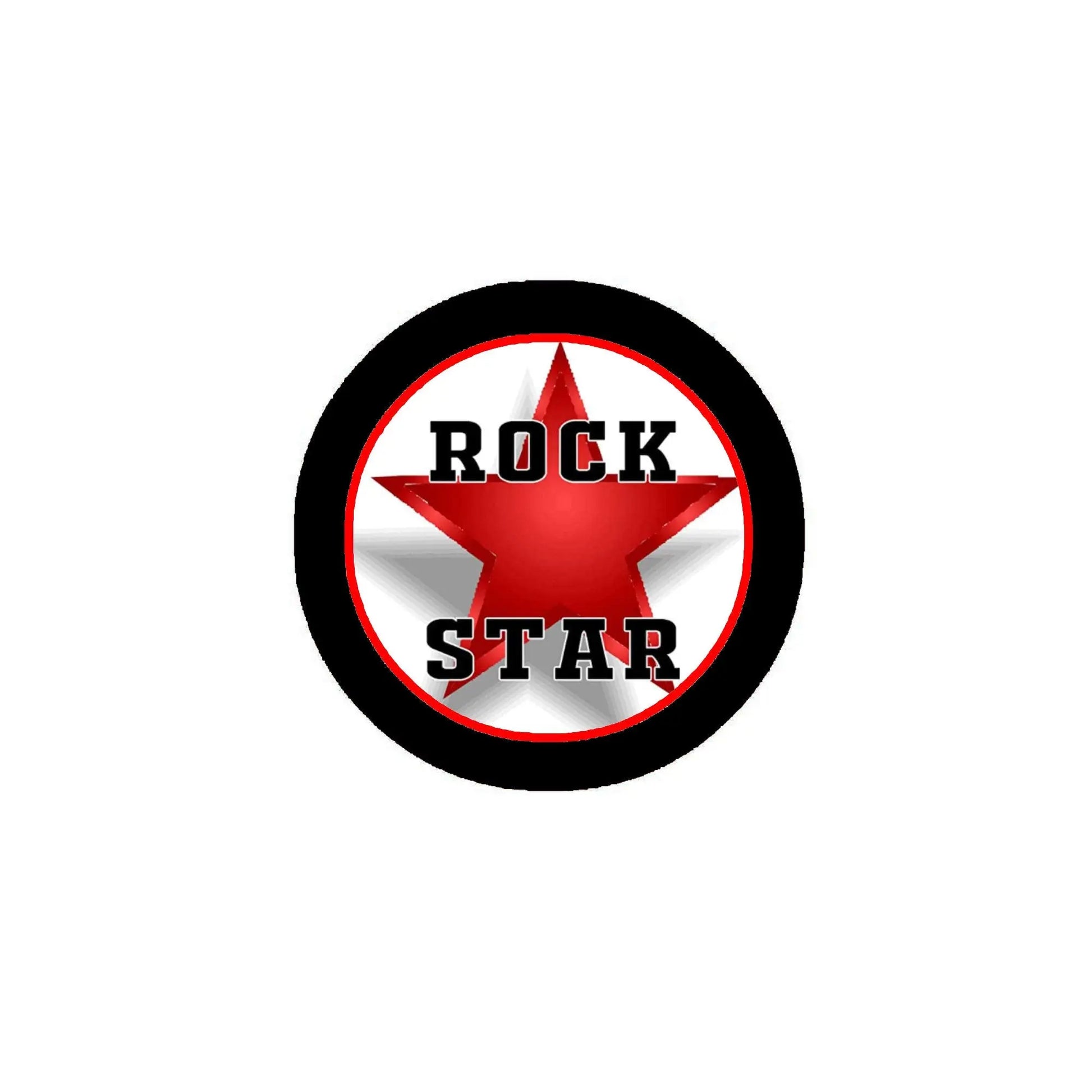 Round black button pin with red star and white “ROCK STAR” text
