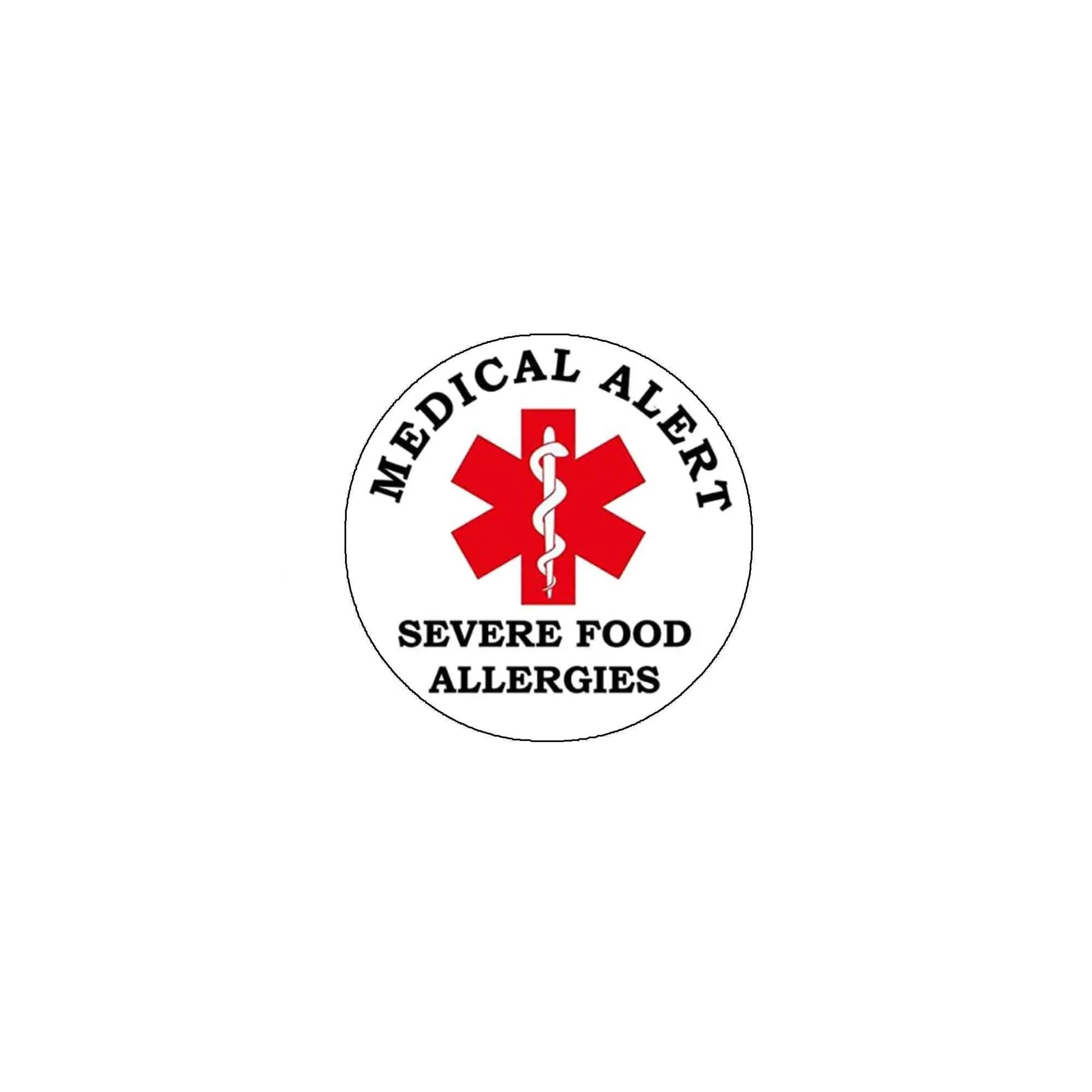 Medical alert pinback badge: circular red medical symbol with “Severe Food Allergies” text