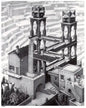 Escher "Waterfall" mouse pad, black-and-white geometric tower and waterfall artwork