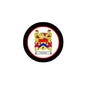Round coat of arms crest magnet with black border and colorful shield, red ribbon