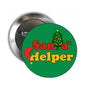 Green Santa's Helper pinback badge with tree and star, round metal backing