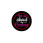 Round pronouns pinback, black with red 'Ask me about my Pronouns' lettering