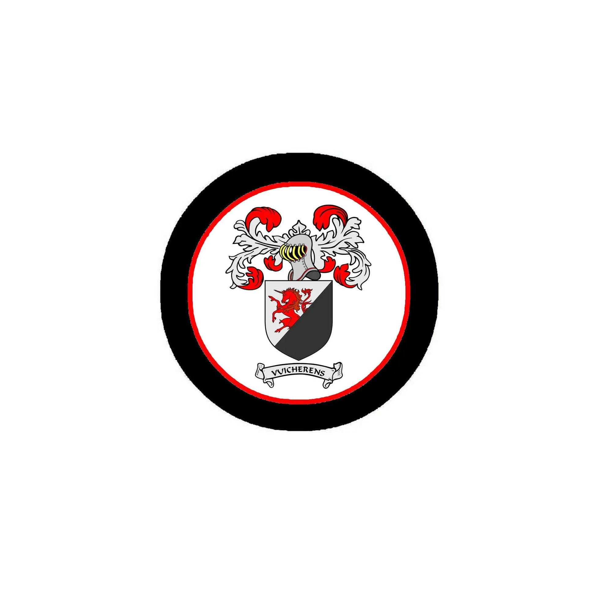 Round coat of arms pin with black border and red-white crest, pinback badge