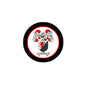 Round coat of arms pin with black border and red-white crest, pinback badge