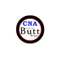 Round CNA pinback button with black rim and white center, blue and red text