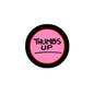 Colorful thumbs up pinback button with pink center and black THUMBS UP text