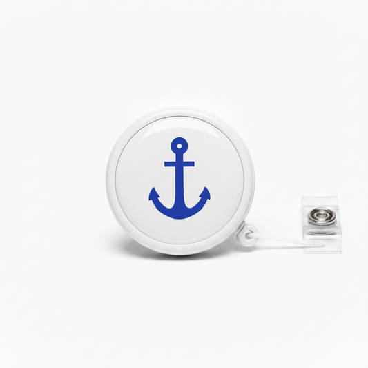 Anchor symbol retractable badge reel with white case and blue anchor logo