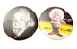 Set of two 1.25-inch Einstein button badge pins with engraved portrait designs