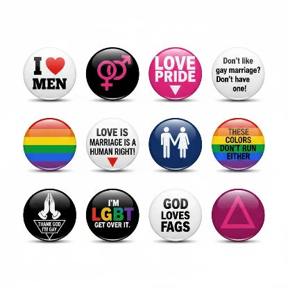 A set of twelve circular pin-back buttons or badges arranged in a 3-by-4 grid on a white background. Each button has a different LGBTQ+ pride-themed design, including rainbow stripes, black and white text slogans, and symbols such as the gender symbols, a hand holding a person, praying hands, and a triangle.