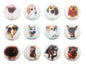 Set of 12 round dog pin badges with cute puppy faces in separate designs