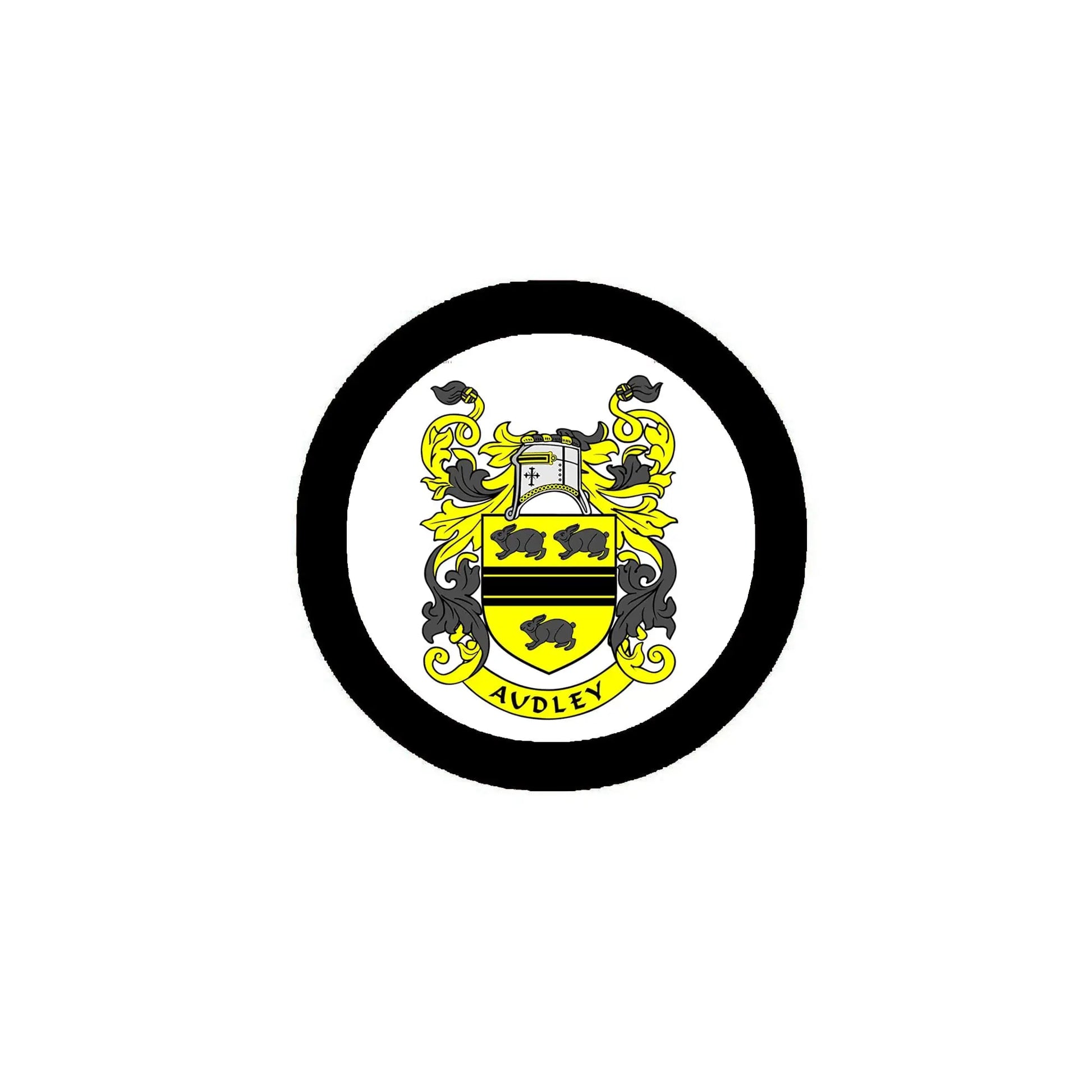 Round 3-inch Audley family crest coat of arms magnet with black rim and yellow-blue shield