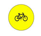 Round yellow bike button pin with black bicycle icon, 1.25-inch