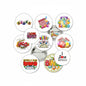 Set of 8 round bingo-themed pinback buttons with colorful cards and player text